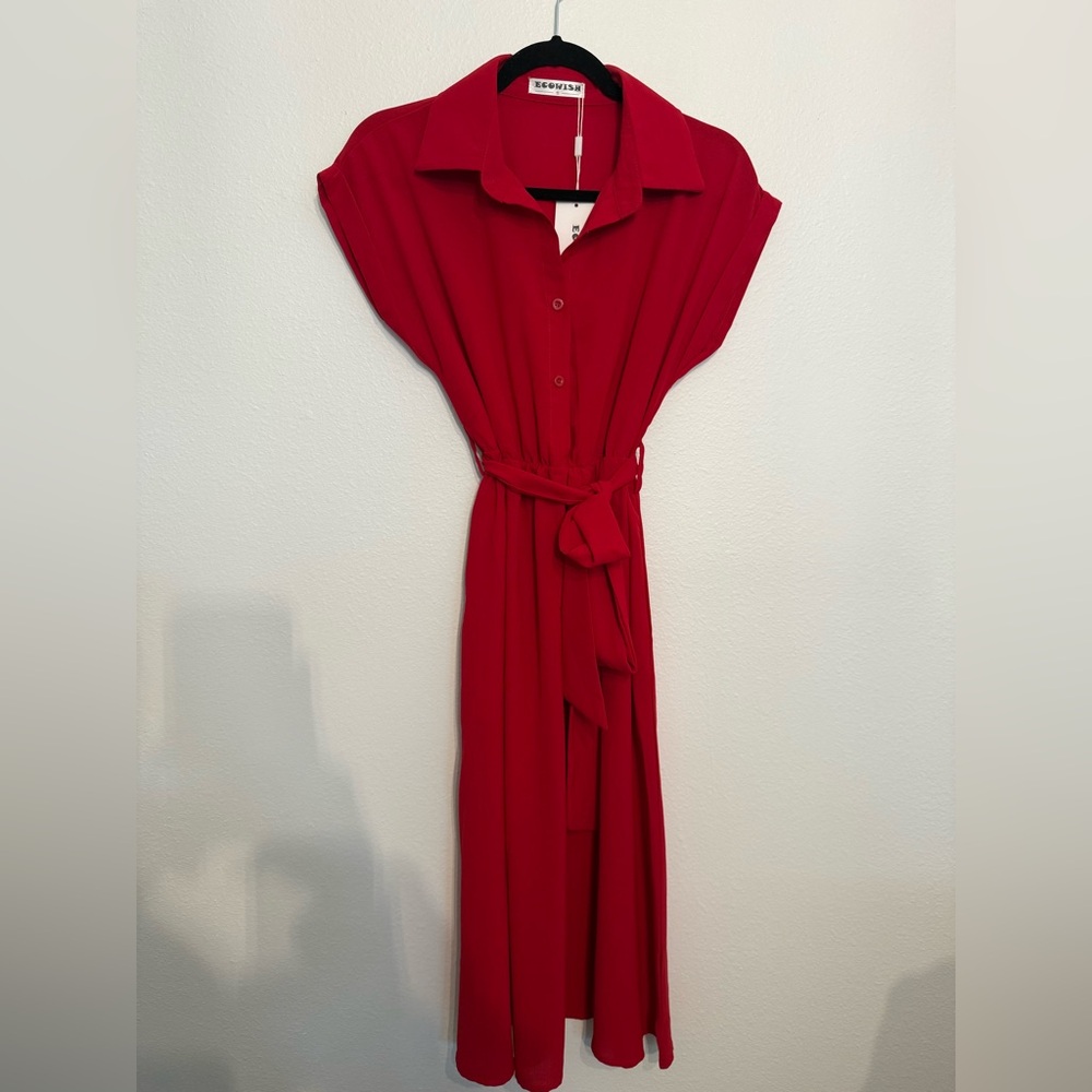Ecowish Red Midi Button-Up Ted Dress Small